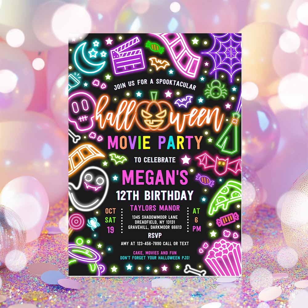 Halloween Movie Party Birthday Invitation Spooky Movie Birthday Party Glow Halloween Spooktacular Movie Party