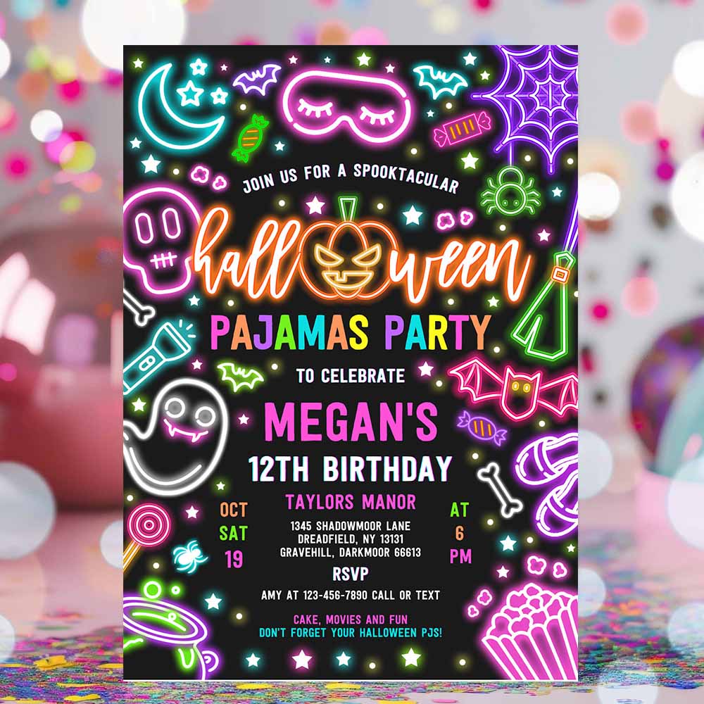 Halloween Pajama Party Birthday Invitation Spooky Sleepover Party Neon Glow Halloween Spooktacular Sleepover