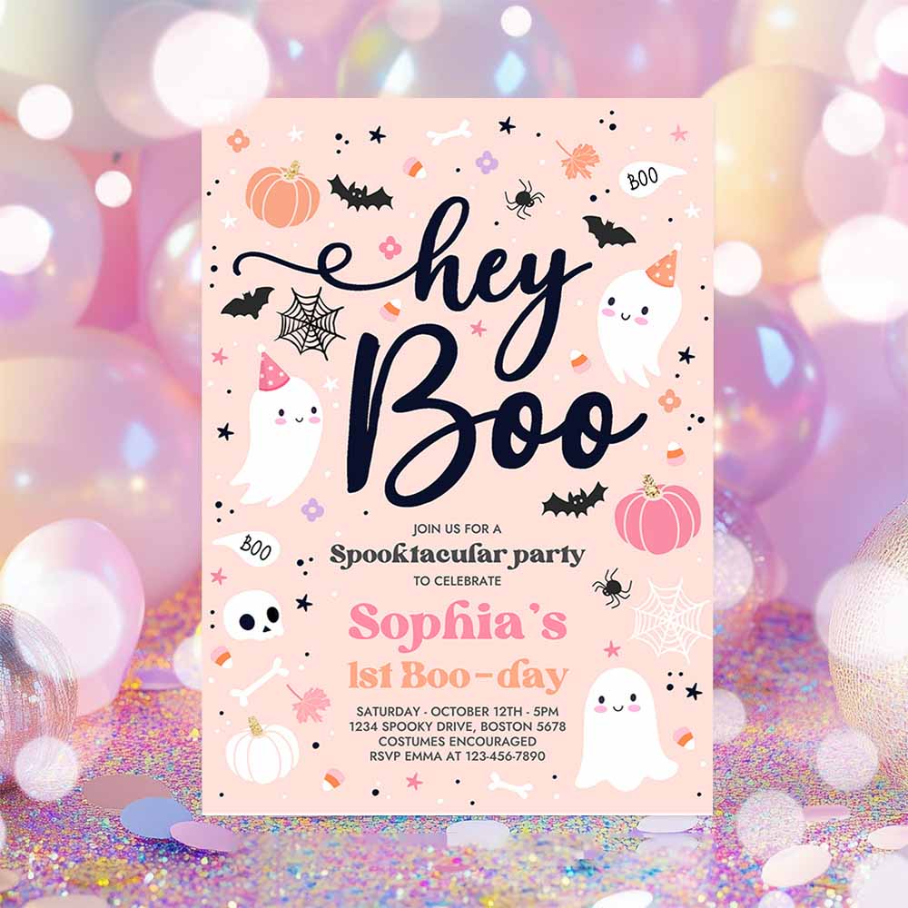 Halloween Pink Ghost Birthday Invitation Hey Boo Girly Cute Ghost Birthday Party Spooktacular Halloween Party