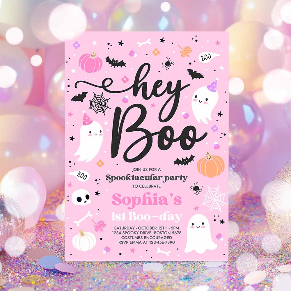 Halloween Pink Ghost Birthday Invitation Hey Boo Girly Cute Ghost Birthday Party Spooktacular Halloween Party