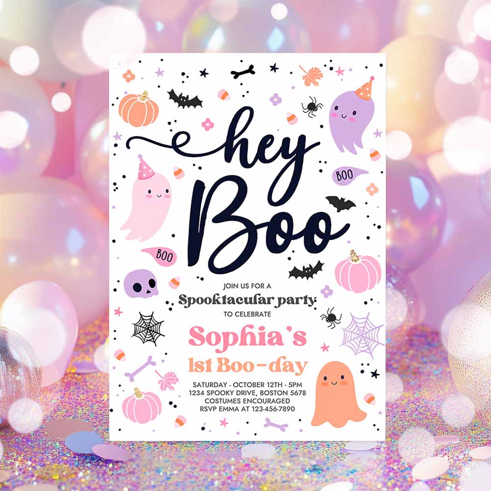 Halloween Pink Ghost Birthday Invitation Hey Boo Girly Cute Ghost Birthday Party Spooktacular Halloween Party