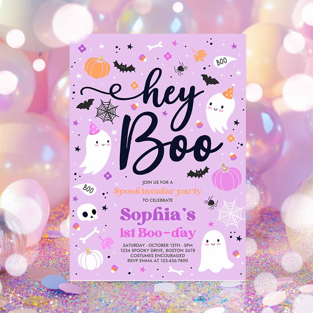 Halloween Purple Ghost Birthday Invitation Hey Boo Girly Cute Ghost Birthday Party Spooktacular Halloween Party