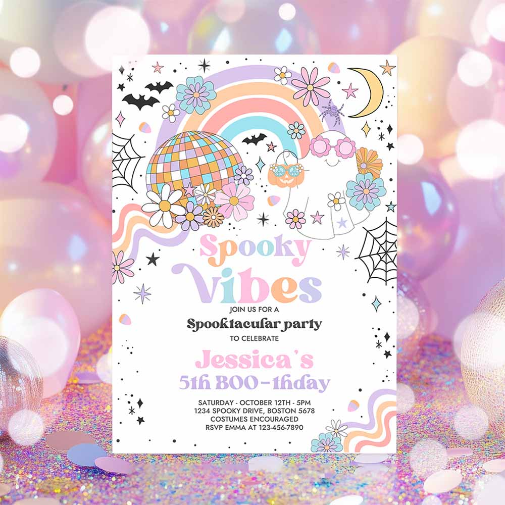 Halloween Spooky Vibes Ghost Birthday Party Invitation Retro Groovy Rainbow Ghost Birthday Hippie Halloween