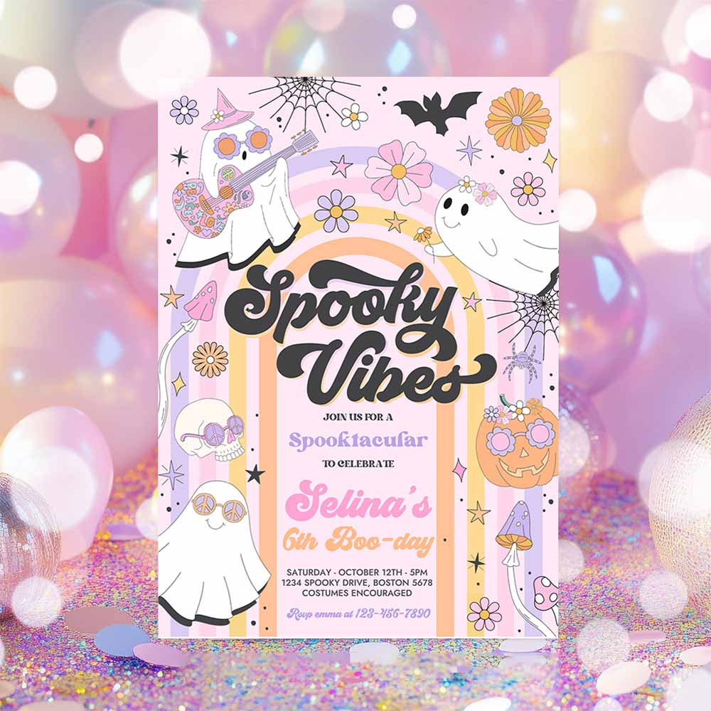 Halloween Spooky Vibes Ghost Birthday Party Invitation Retro Groovy Rainbow Ghost Birthday Hippie Halloween