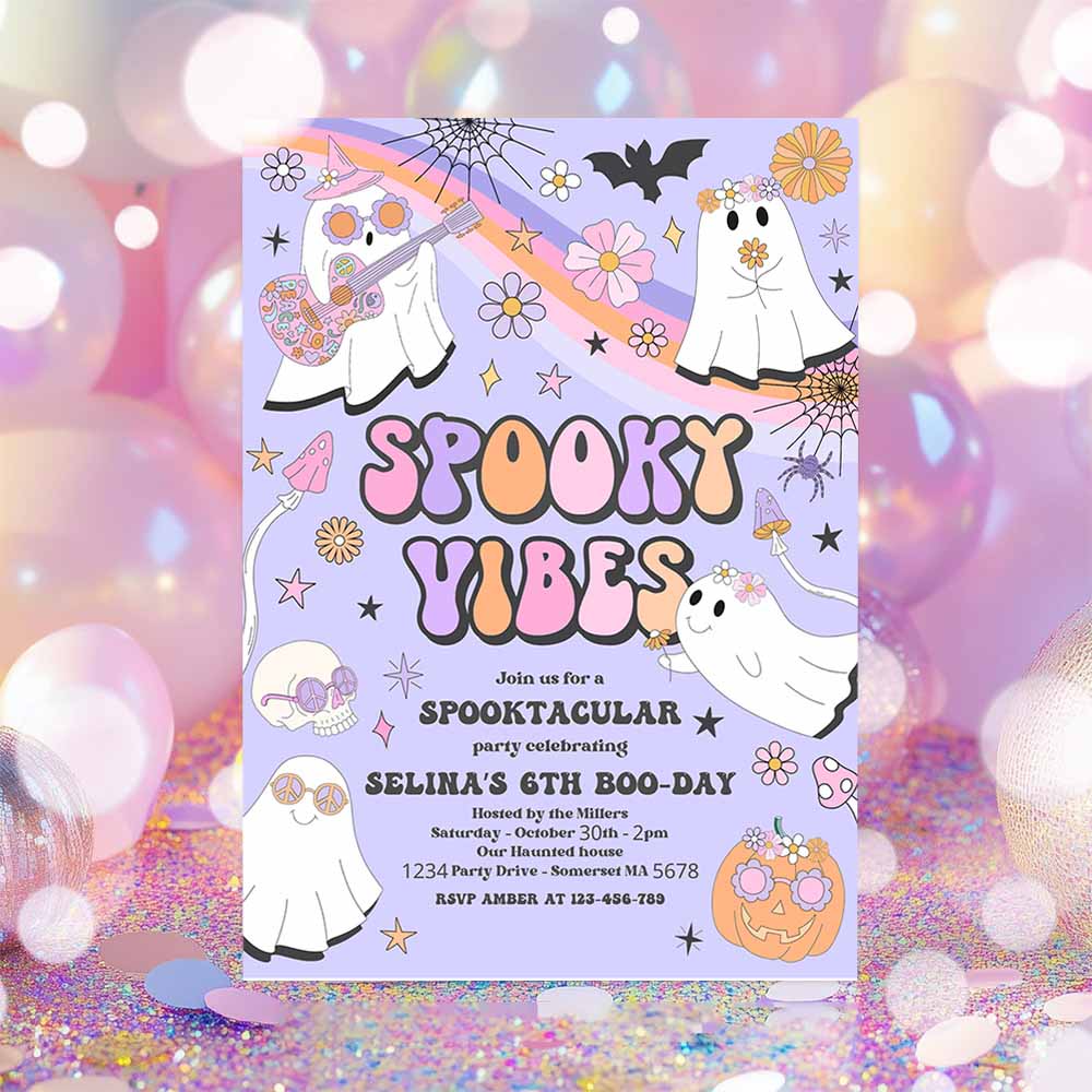 Halloween Spooky Vibes Ghost Birthday Party Invitation Retro Groovy Rainbow Ghost Birthday Hippie Halloween