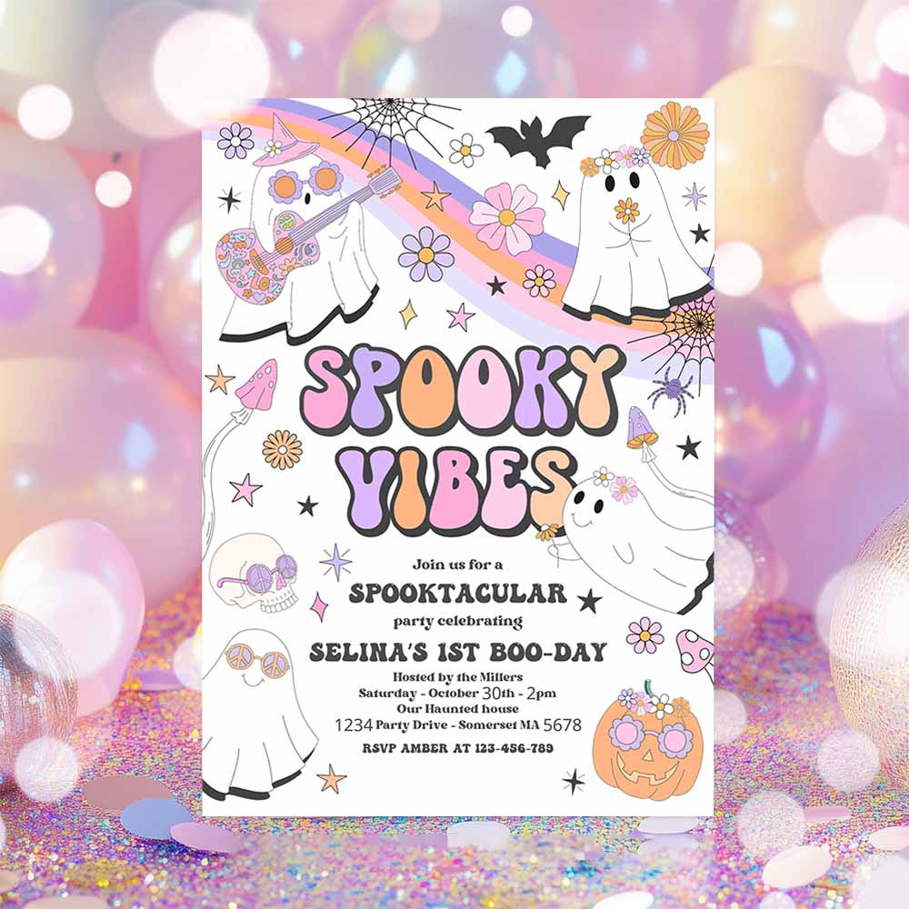 Halloween Spooky Vibes Ghost Birthday Party Invitation Retro Groovy Rainbow Ghost Birthday Hippie Halloween