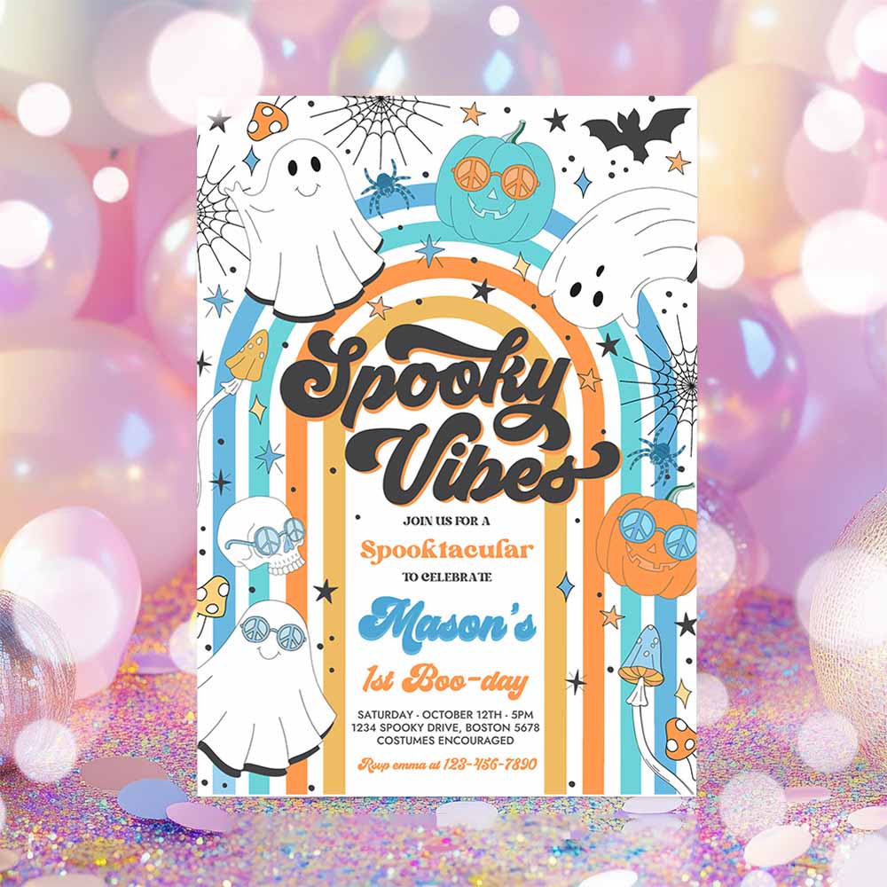 Halloween Spooky Vibes Ghost Birthday Party Invitation Retro Groovy Rainbow Ghost Birthday Hippie Halloween