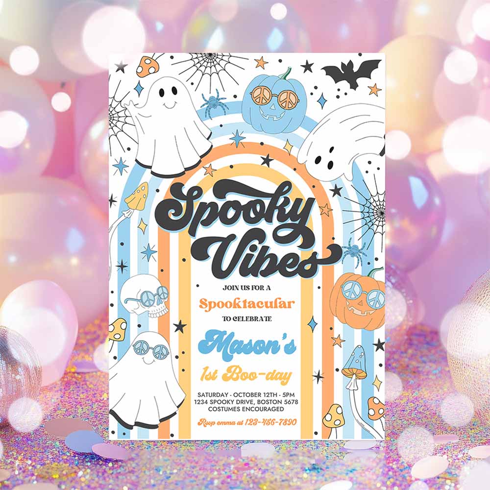 Halloween Spooky Vibes Ghost Birthday Party Invitation Retro Groovy Rainbow Ghost Birthday Hippie Halloween