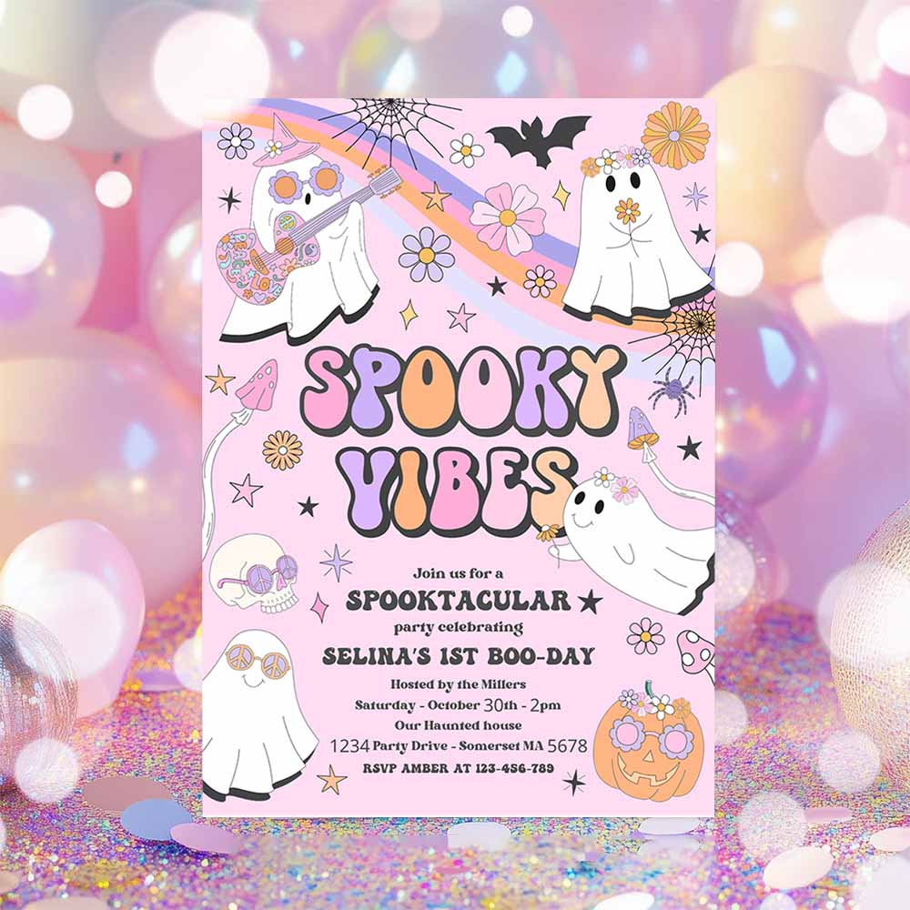 Halloween Spooky Vibes Ghost Birthday Party Invitation Retro Groovy Rainbow Ghost Birthday Hippie Halloween