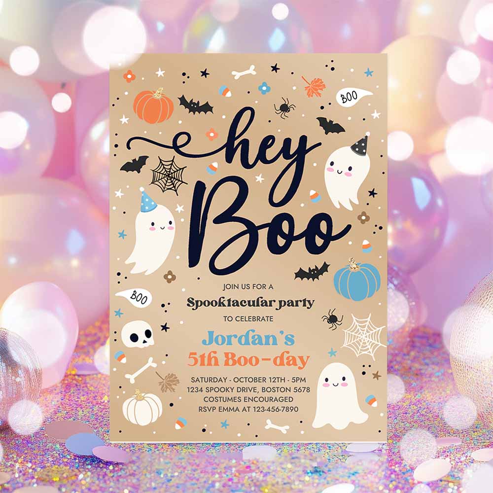 Halloween Vintage Blue Ghost Birthday Invitation Hey Boo Cute Ghost Birthday Party Spooktacular Halloween Party