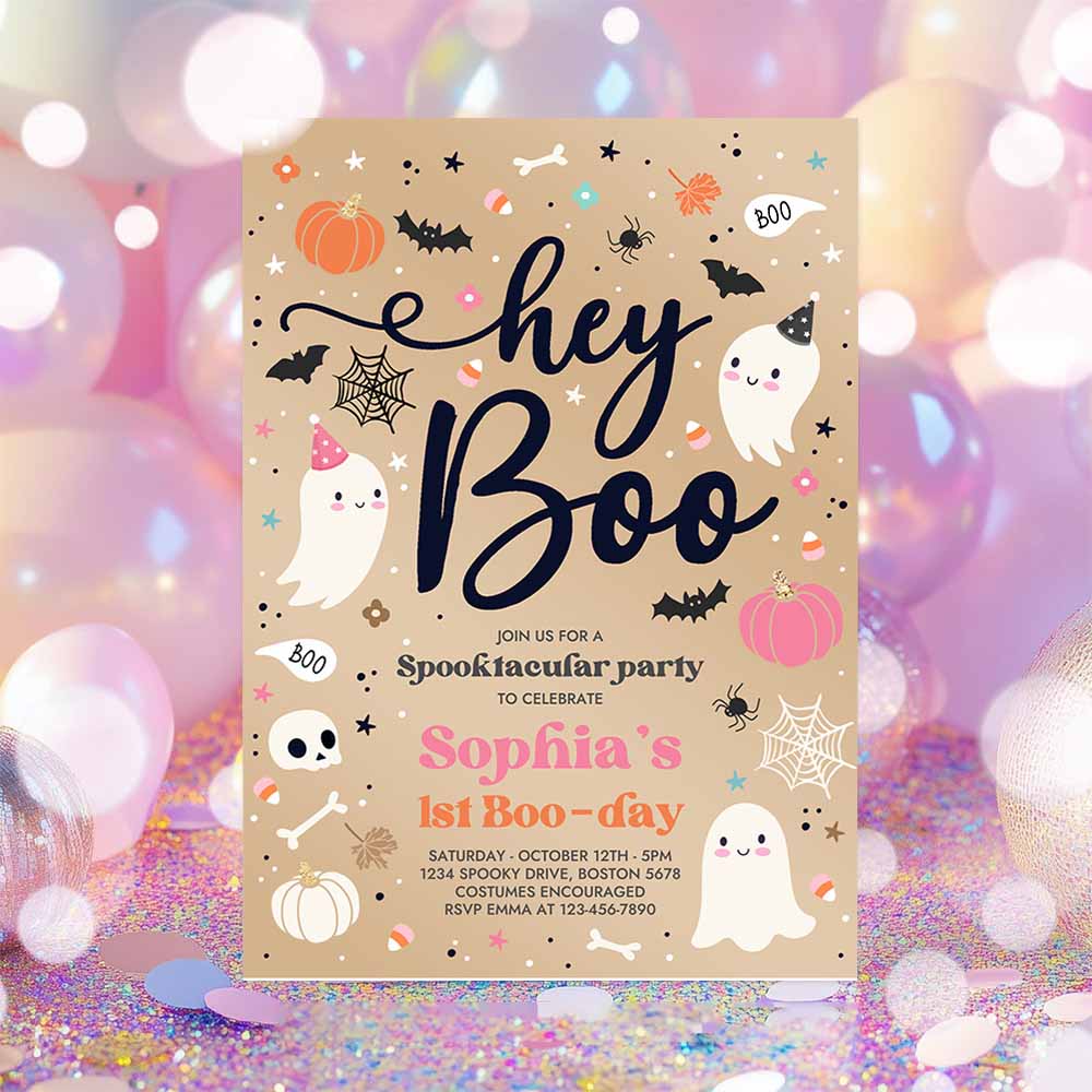 Halloween Vintage Pink Ghost Birthday Invitation Hey Boo Cute Ghost Birthday Spooktacular Halloween Party