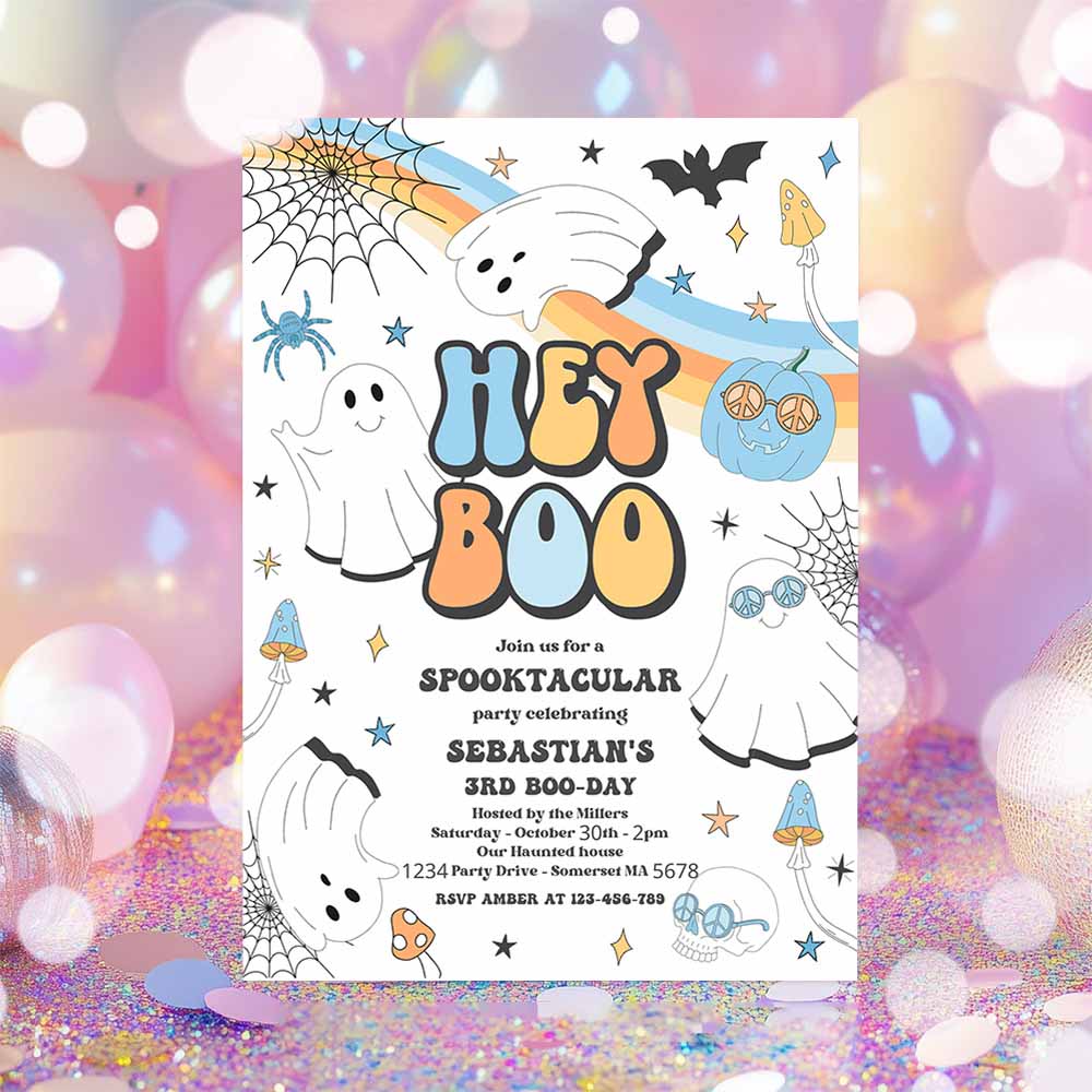 Hey Boo Cute Halloween Ghost 1st Birthday Invitation Retro Groovy Ghost Birthday Hippie Halloween Party