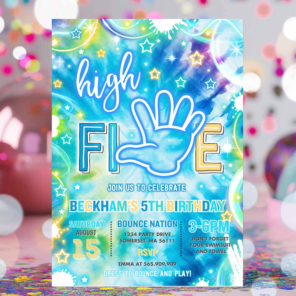 High Five Birthday Party Invitation Neon Glow High Five Hi Five 5th Birthday Party Boys 5th Birthday Party