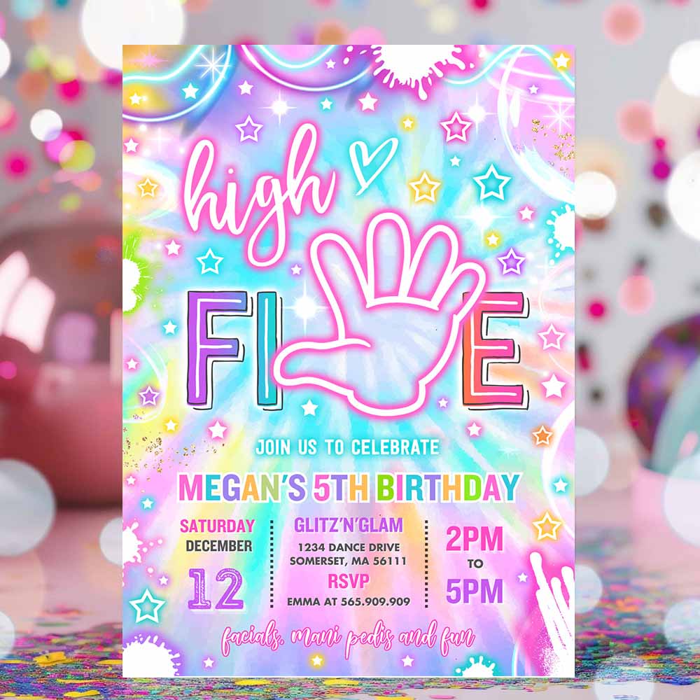 High Five Birthday Party Invitation Neon Glow High Five Hi Five 5th Birthday Party Girls 5th Birthday Party