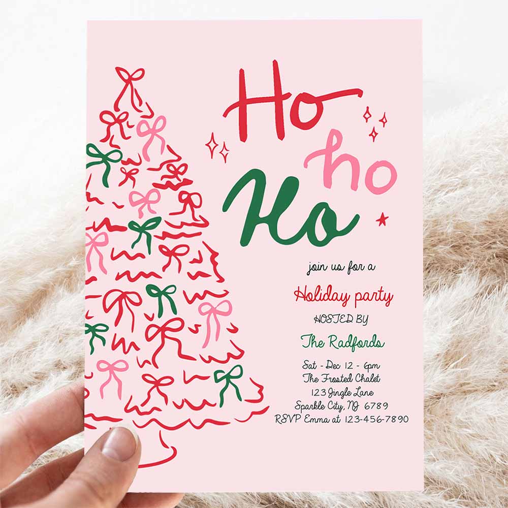 Ho Ho Ho Christmas Party Invitation Pink & Red Christmas Tree Ho Ho Ho Holiday Party Christmas Cocktail Party