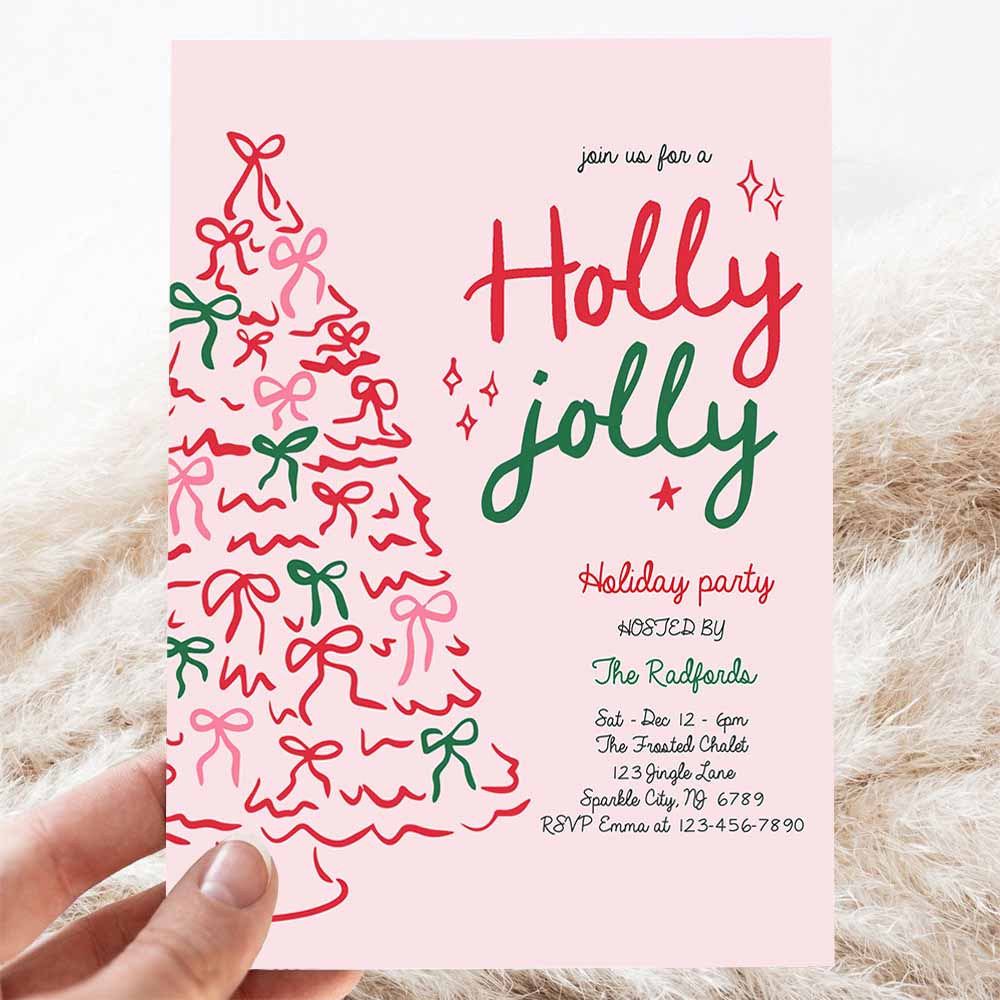 Holly Jolly Christmas Party Invite Pink Red Christmas Tree Holly Jolly Holiday Cocktail Party Invitation