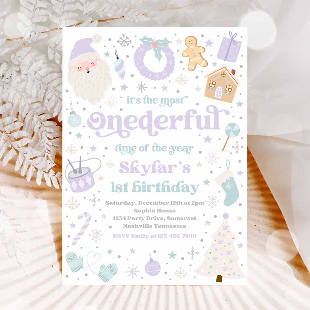 It's The Most ONEderful Time Of The Year Birthday Invitation Christmas Purple And Blue Girl 1st Birthday Party