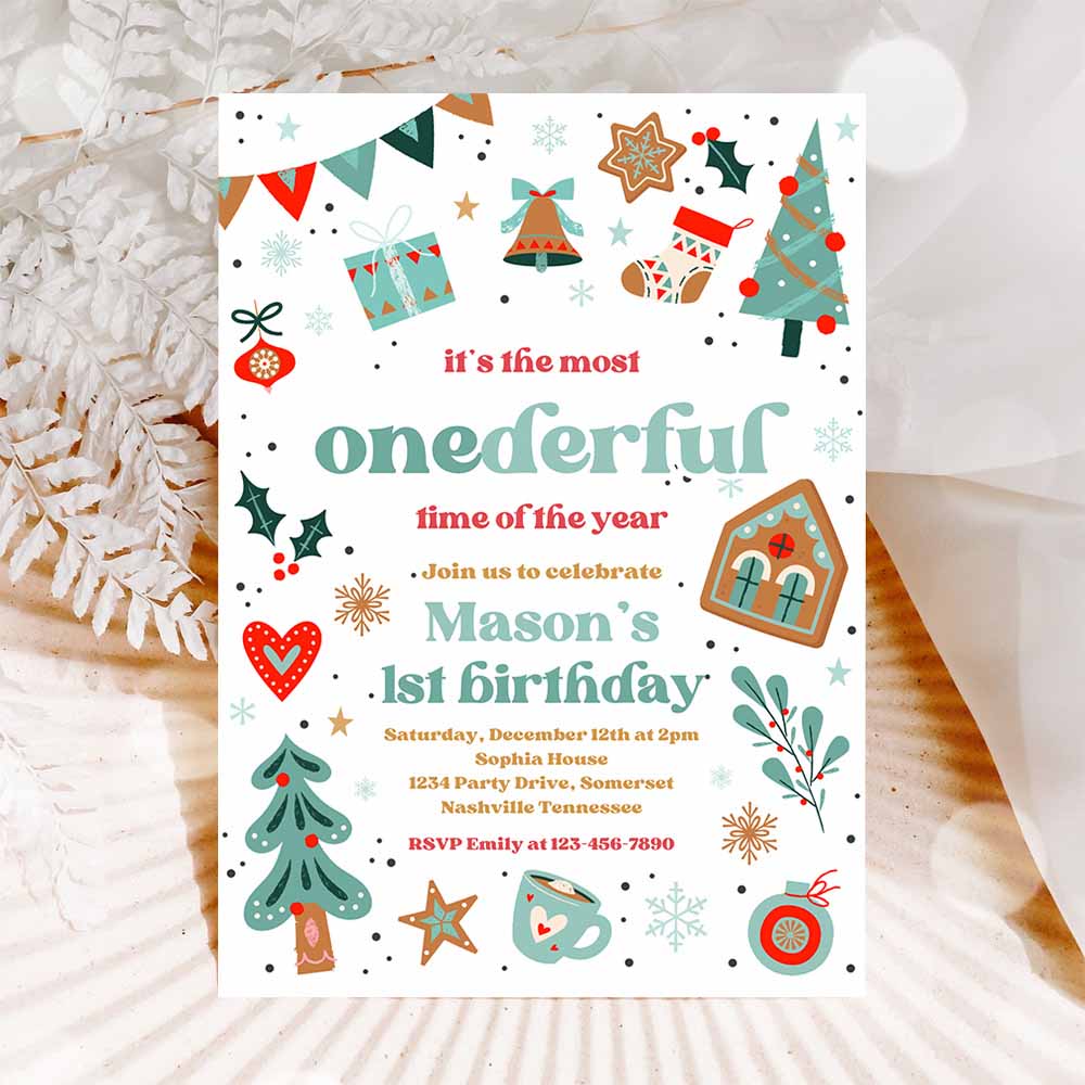 It's The Most ONEderful Time Of The Year Birthday Invitation Christmas Red And Blue Boy 1st Birthday Party