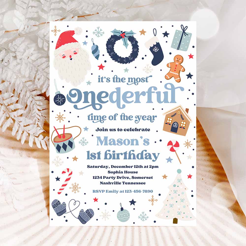 It's The Most ONEderful Time Of The Year Birthday Invitation Christmas Red And Blue Boy 1st Birthday Party