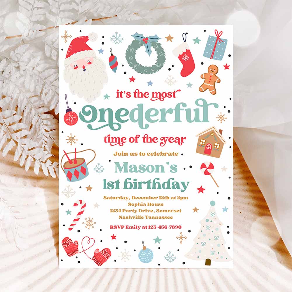 It's The Most ONEderful Time Of The Year Birthday Invitation Christmas Red And Blue Boy 1st Birthday Party