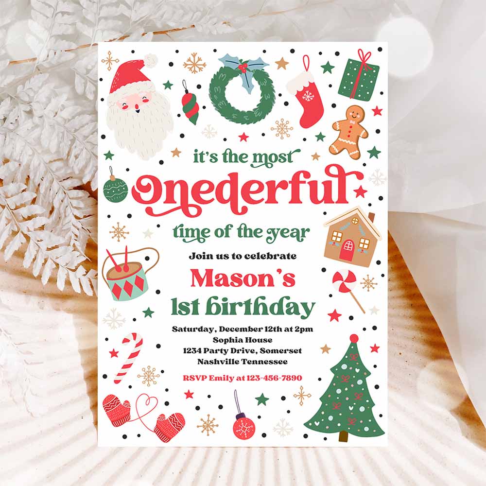 It's The Most ONEderful Time Of The Year Birthday Invitation Christmas Red And Green Boy 1st Birthday Party