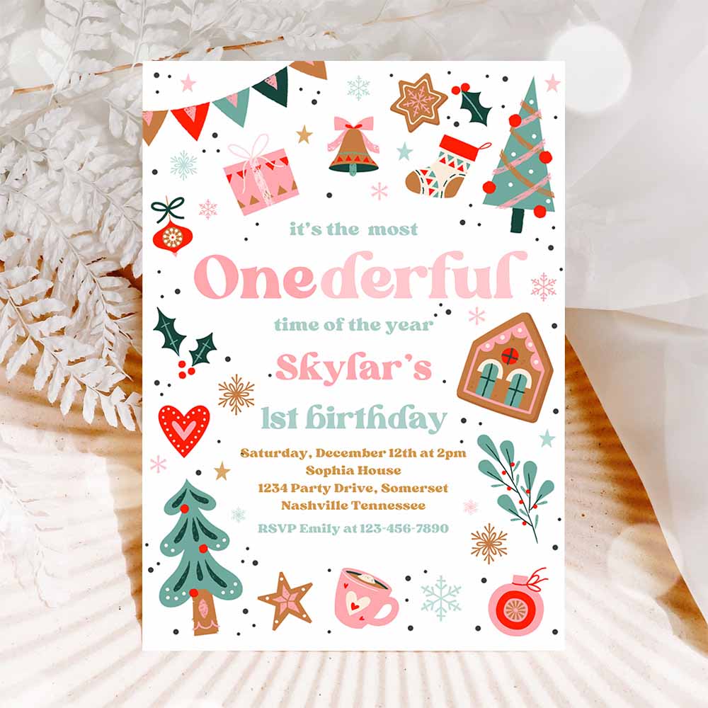 It's The Most ONEderful Time Of The Year Birthday Invitation Christmas Red And Pink Girl 1st Birthday Party HHD