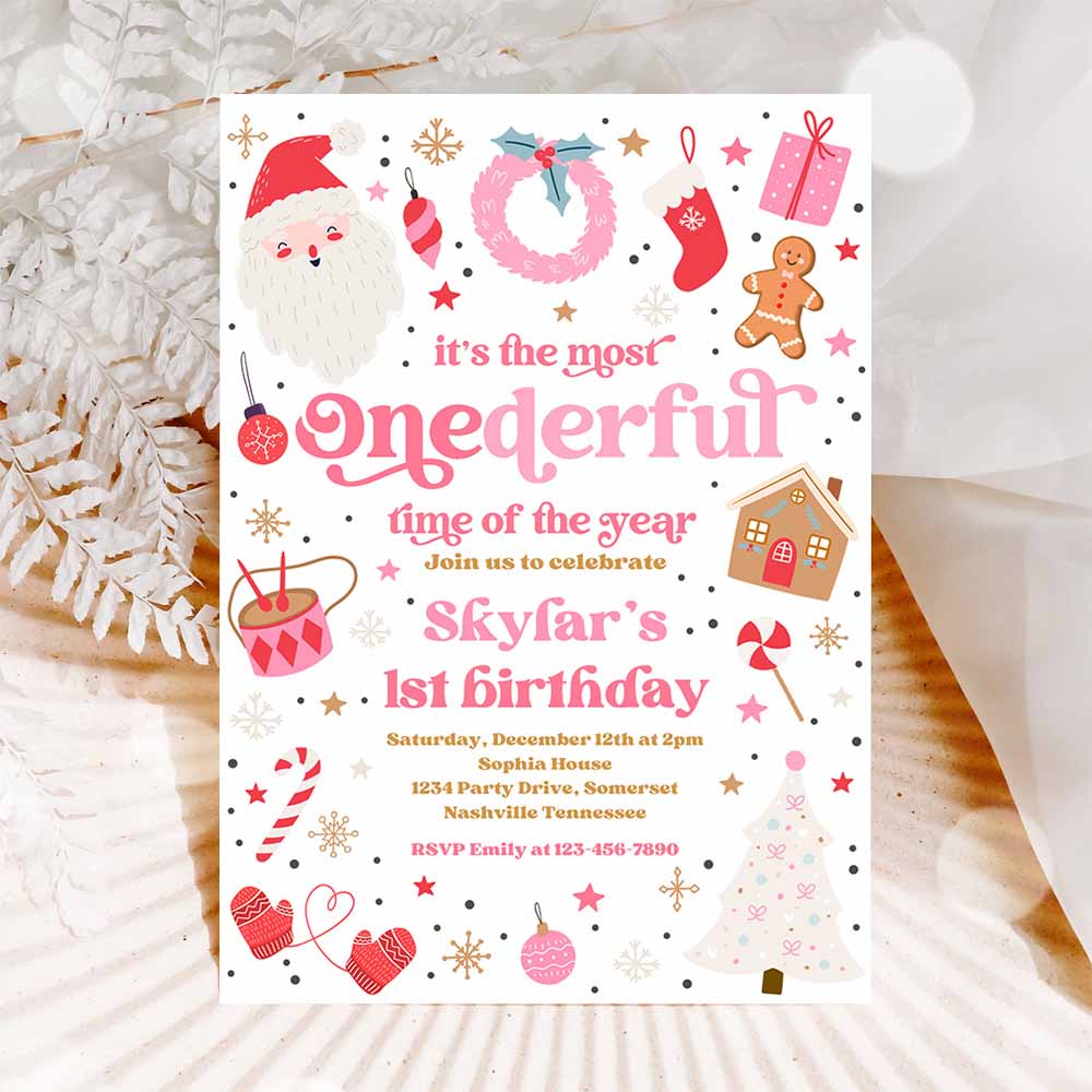 It's The Most ONEderful Time Of The Year Birthday Invitation Christmas Red And Pink Girl 1st Birthday Party