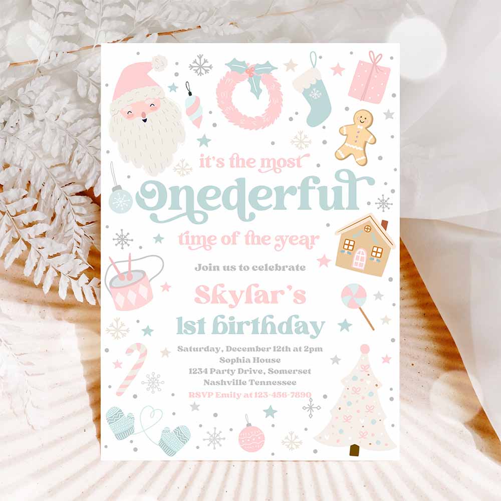 It's The Most ONEderful Time Of The Year Birthday Invitation Pink And Blue Winter Onderland 1st Birthday Party