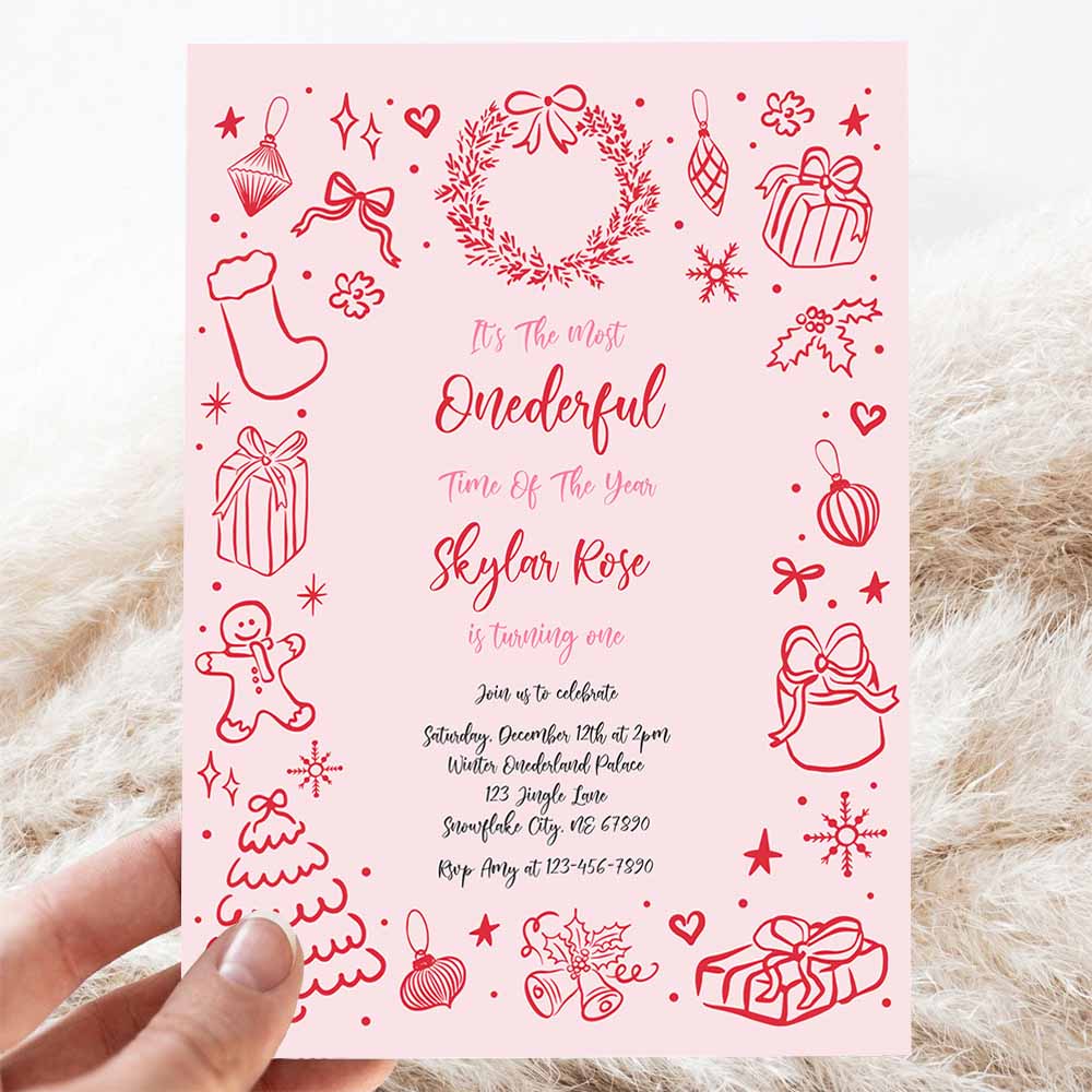 It's The Most ONEderful Time Of The Year Birthday Party Invitation Pink And Red Coquette Bow Christmas Party