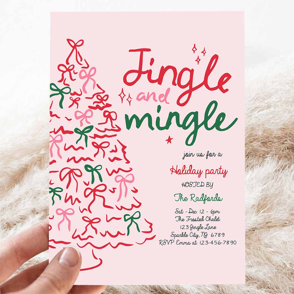 Jingle And Mingle Christmas Party Invitation Pink Red Christmas Tree Jingle And Mingle Holiday Cocktail Party