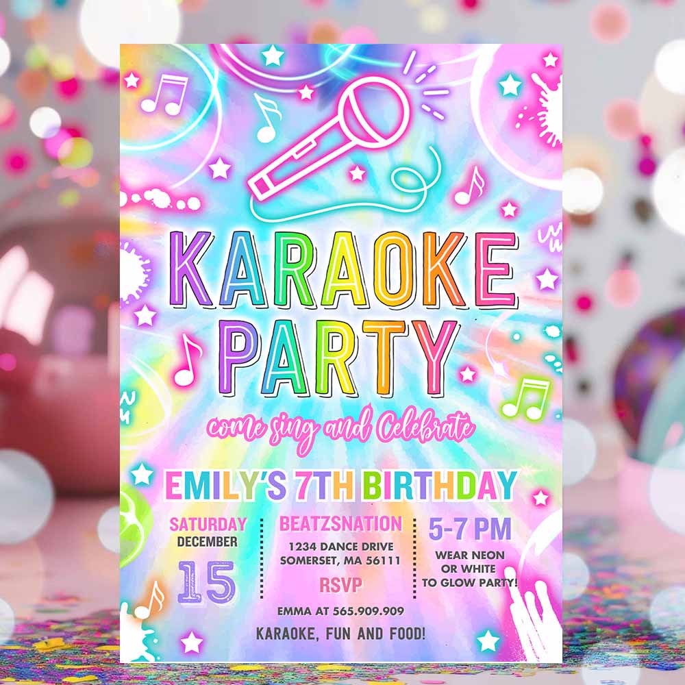 Karaoke Birthday Party Invitation Tie Dye Karaoke Birthday Neon Glow Tie Dye Karaoke Party Music Singing Party