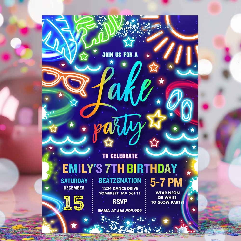 Lake Birthday Party Invitation Glow Neon Tie Dye Summer Summer Lake Boat Party Birthday Party