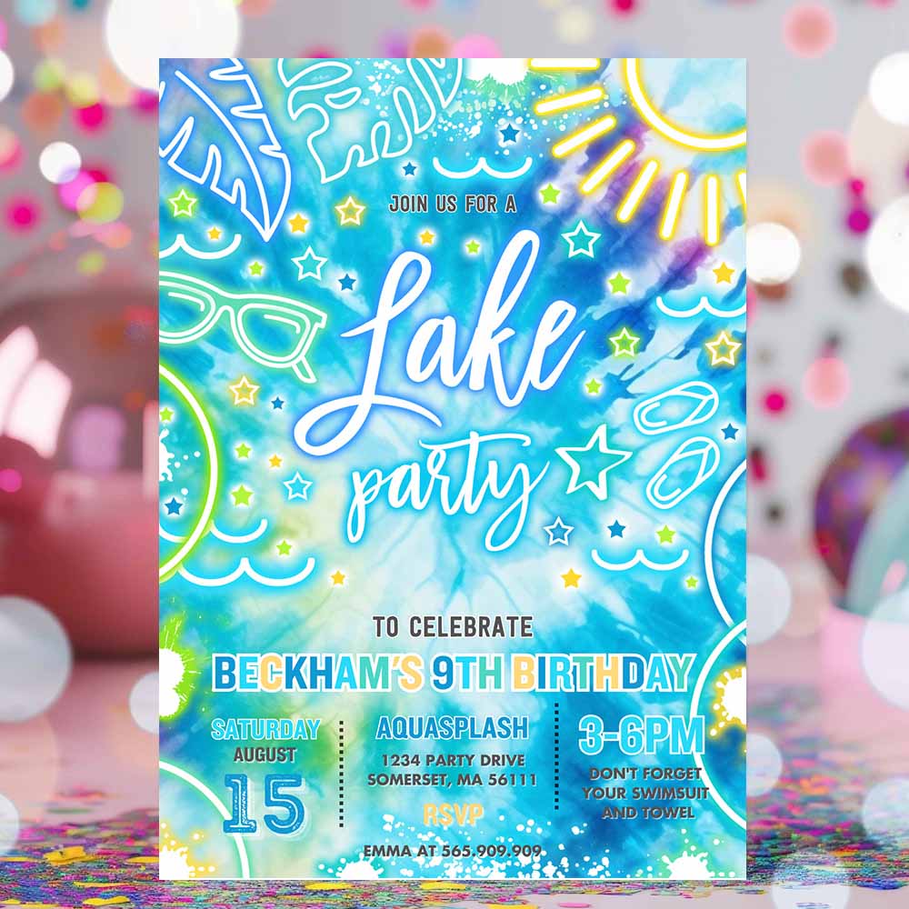 Lake Birthday Party Invitation Glow Neon Tie Dye Summer Summer Lake Boat Party Birthday Party