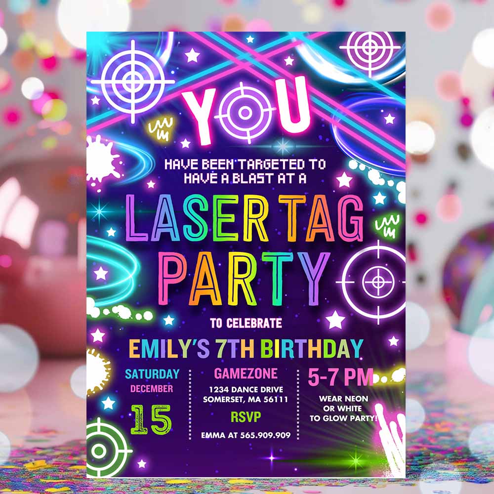 Laser Tag Birthday Party Invitation Neon Glow Laser Tag Birthday Party Neon Glow Laser Quasar Birthday Party