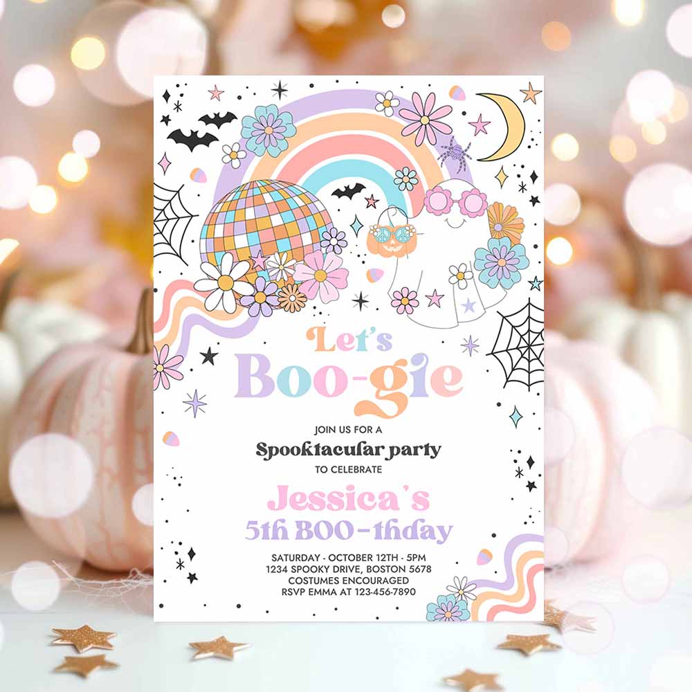 Let's Go Ghouls Halloween Ghost Birthday Party Invitation Retro Groovy Rainbow Ghost Birthday Hippie Halloween