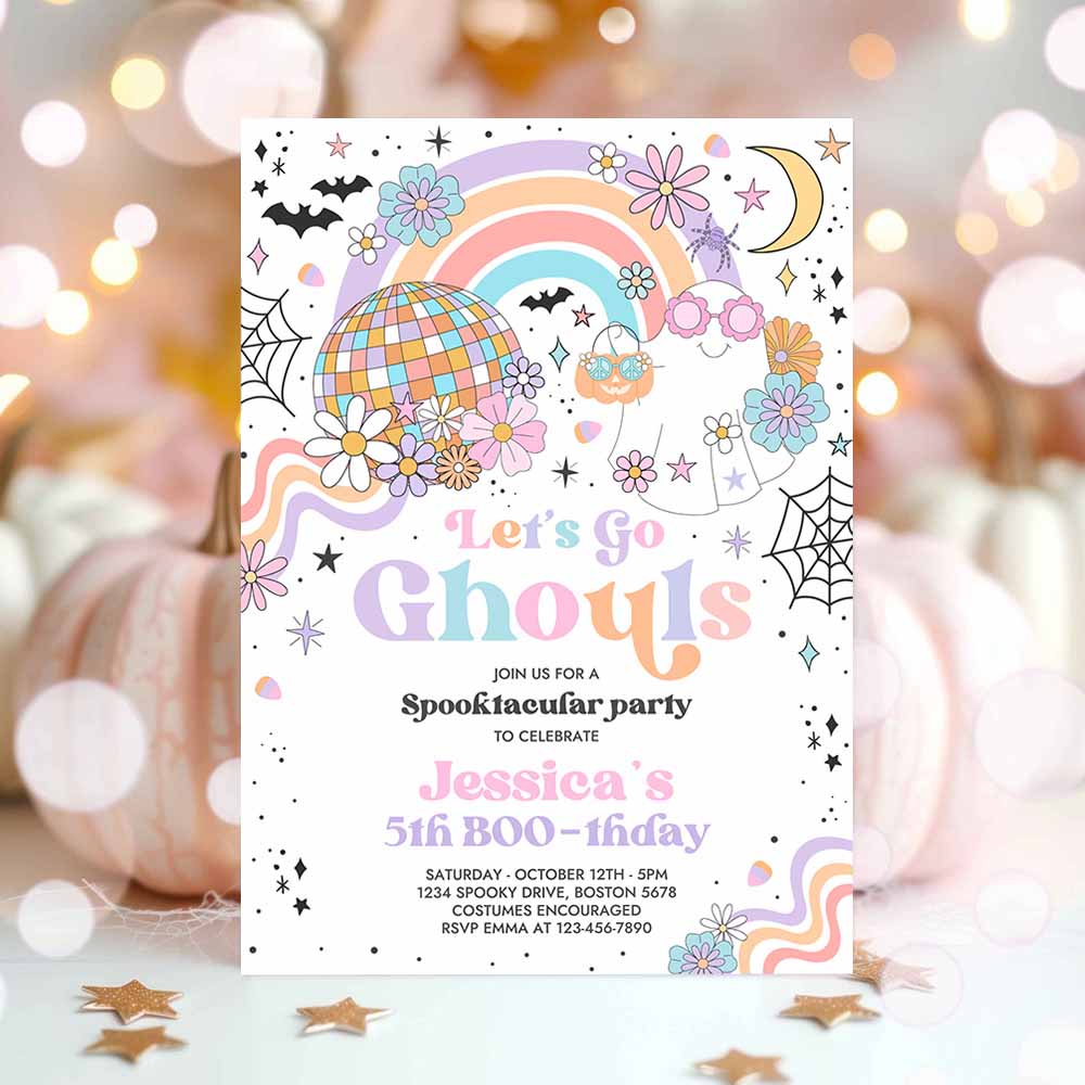 Let's Go Ghouls Halloween Ghost Party Invitation Retro Groovy Rainbow Ghost Birthday Hippie Halloween