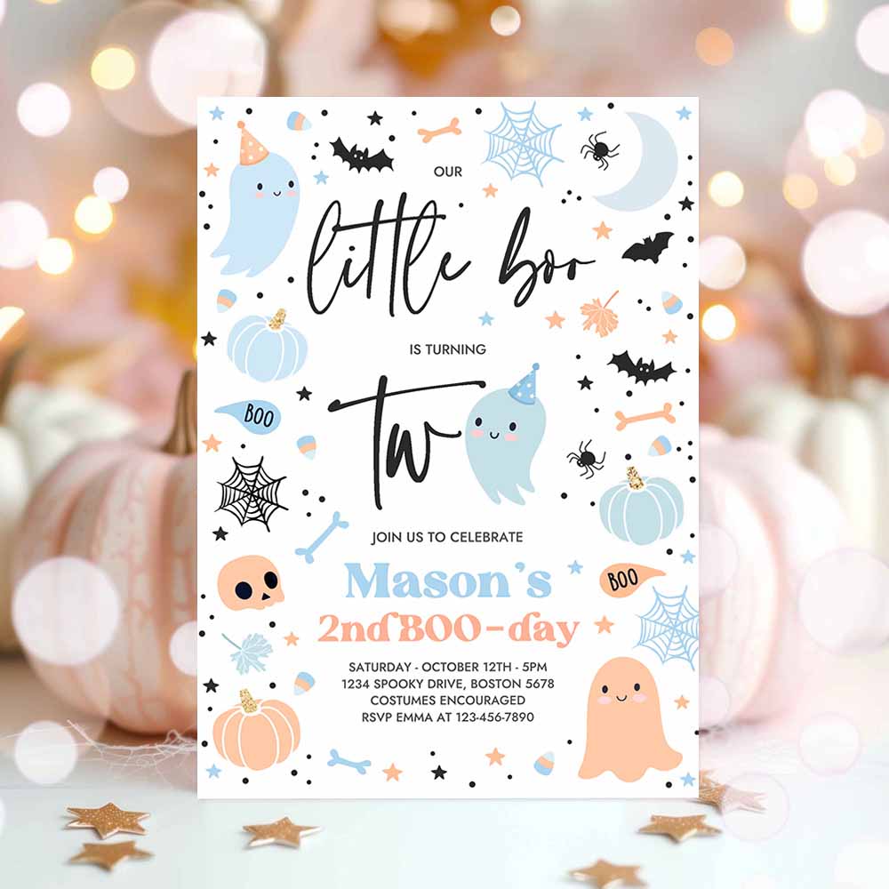 Little Boo 2nd Birthday Party Invitation Cute Blue Halloween Ghost 2nd Birthday Party Spooktacular 2nd Birthday