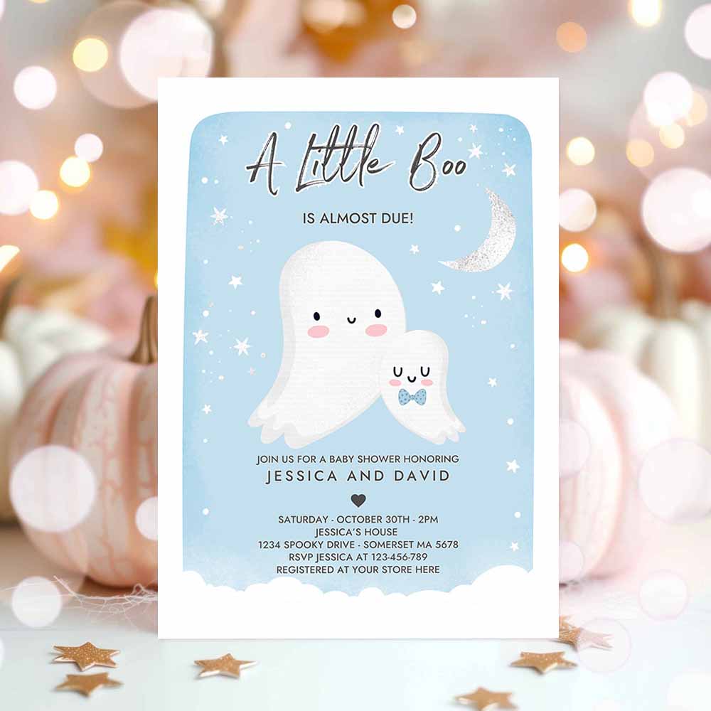 Little Boo Baby Shower Invitation Blue Ghost Boy Baby Shower Invitation Halloween Boy Ghost Baby Shower