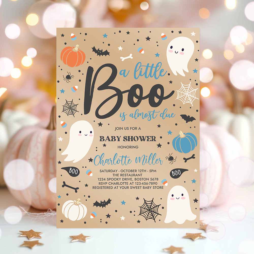 Little Boo Baby Shower Invitation Boy Blue Ghost Baby Shower Invitation Halloween Boy Ghost Baby Shower