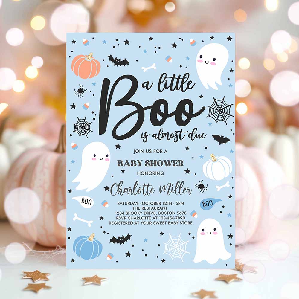 Little Boo Baby Shower Invitation Boy Blue Ghost Baby Shower Invitation Halloween Boy Ghost Baby Shower