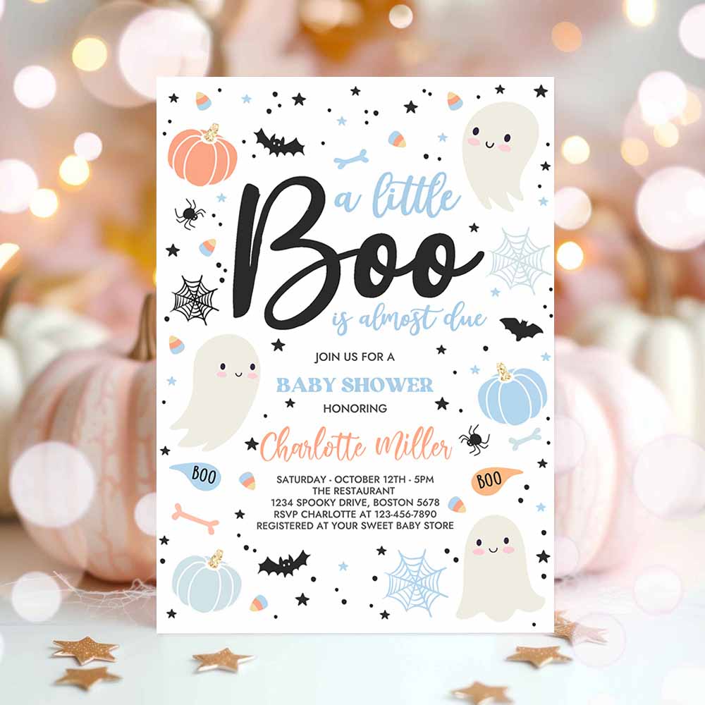 Little Boo Baby Shower Invitation Boy Blue Ghost Baby Shower Invitation Halloween Boy Ghost Baby Shower