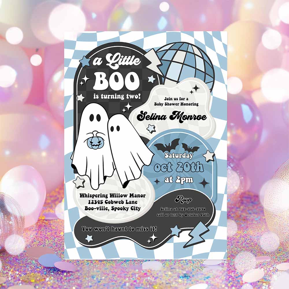 Little Boo Baby Shower Invitation Boy Blue Ghost Baby Shower Invitation Halloween Boy Ghost Baby Shower