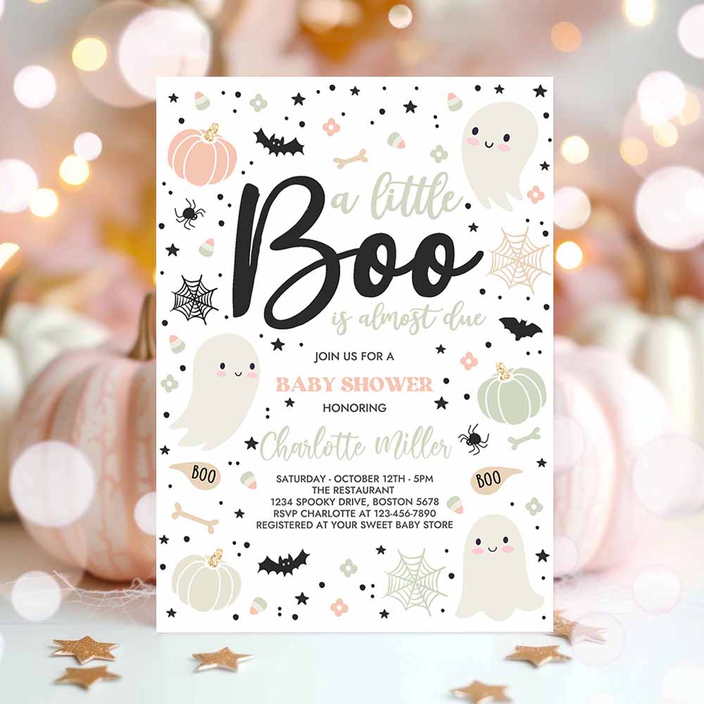 Little Boo Baby Shower Invitation Gender Neutral Ghost Baby Shower Invitation Halloween Pink Ghost Baby Shower