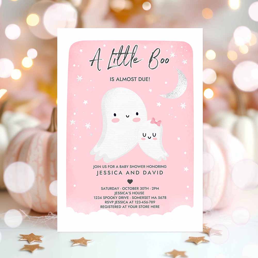 Little Boo Baby Shower Invitation Pink Ghost Girl Baby Shower Invitation Halloween Pink Ghost Baby Shower