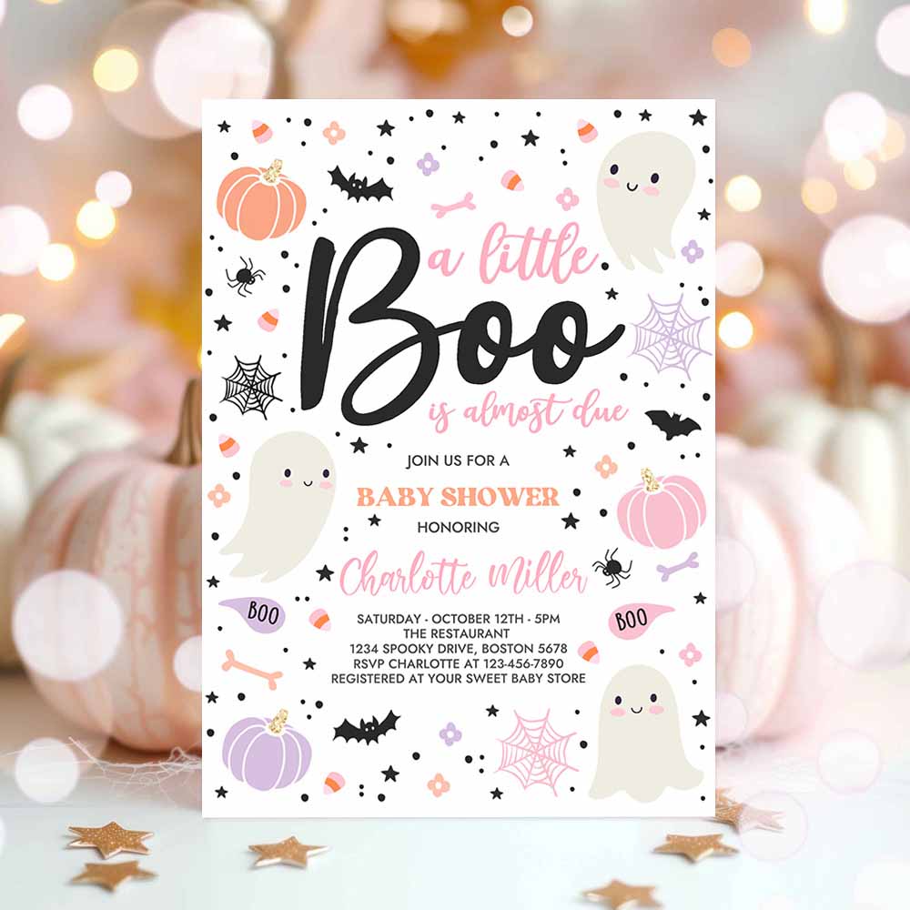 Little Boo Baby Shower Invitation Pink Ghost Girl Baby Shower Invitation Halloween Pink Ghost Baby Shower