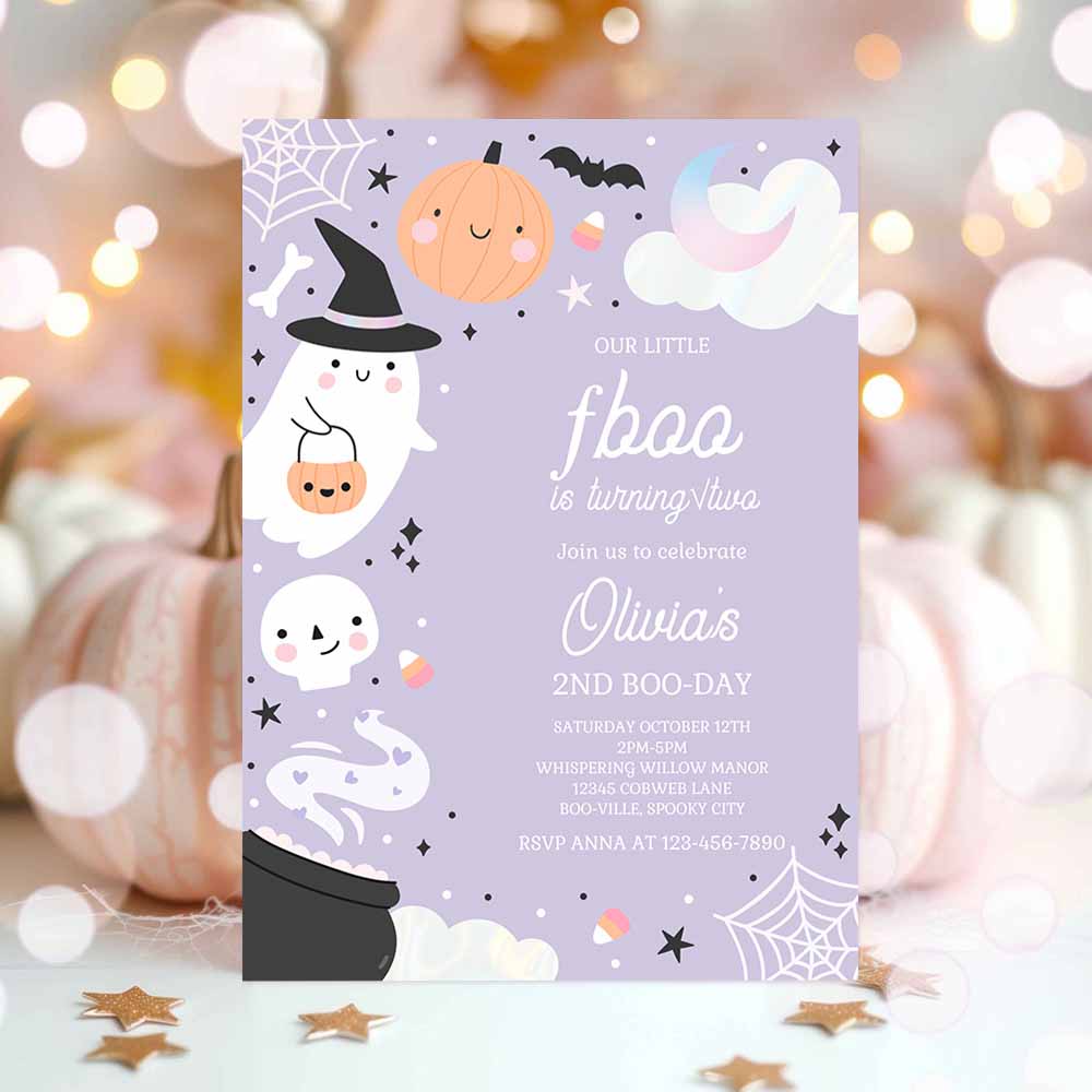 Little Boo Halloween Ghost 2nd Birthday Party Invitation Boho Groovy Ghost Halloween Birthday Party Invite