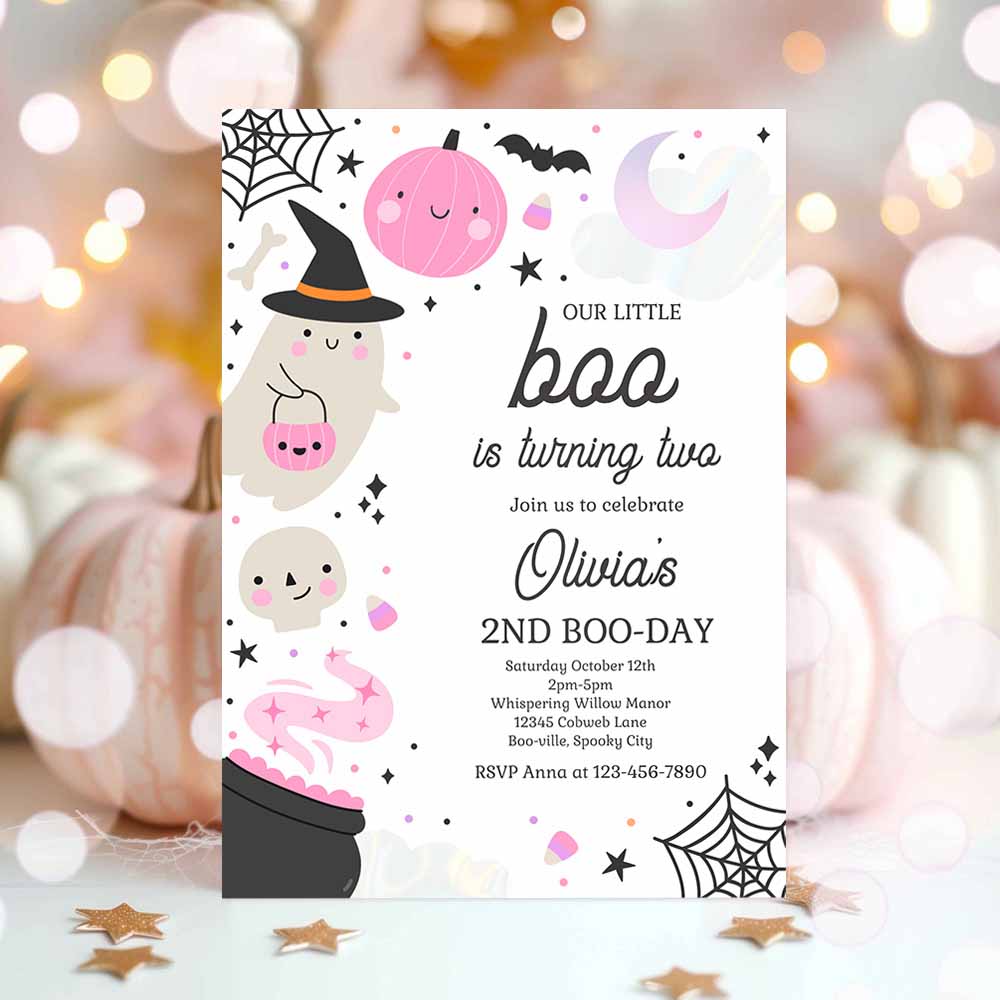 Little Boo Halloween Ghost 2nd Birthday Party Invitation Boho Groovy Ghost Halloween Birthday Party Invite