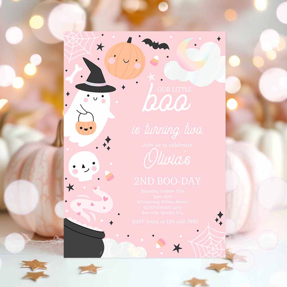 Little Boo Halloween Ghost 2nd Birthday Party Invitation Boho Groovy Ghost Halloween Birthday Party Invite