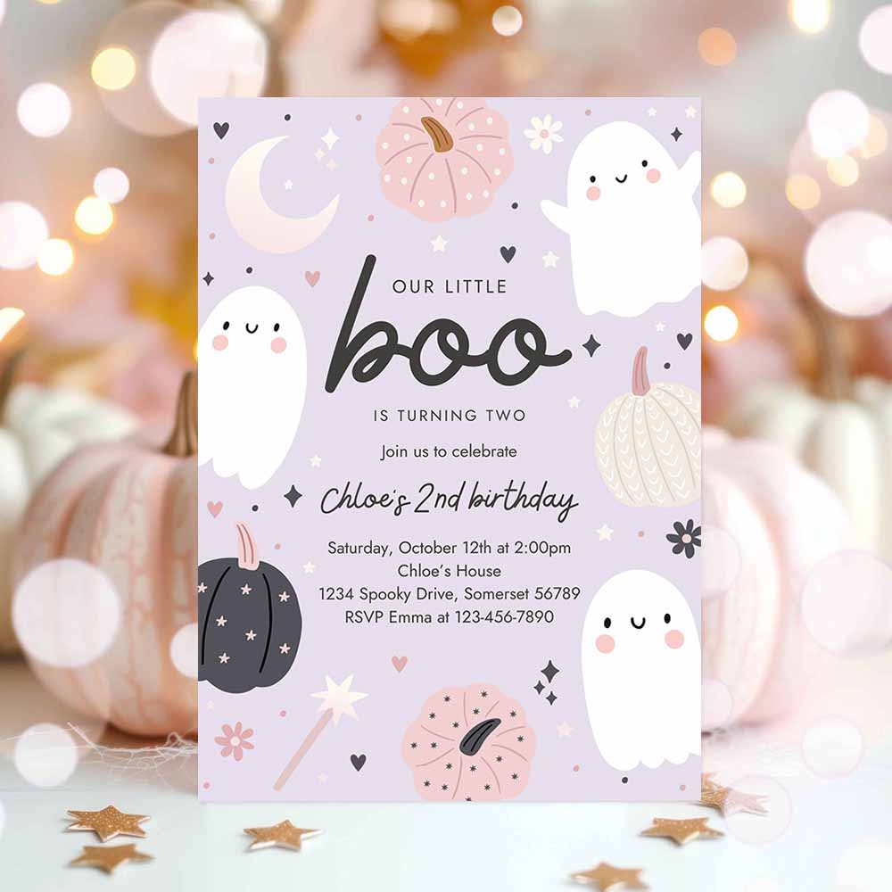 Little Boo Halloween Ghost 2nd Birthday Party Invitation Boho Groovy Ghost Halloween Birthday Party Invite