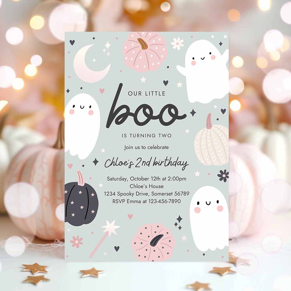 Little Boo Halloween Ghost 2nd Birthday Party Invitation Boho Groovy Ghost Halloween Birthday Party Invite